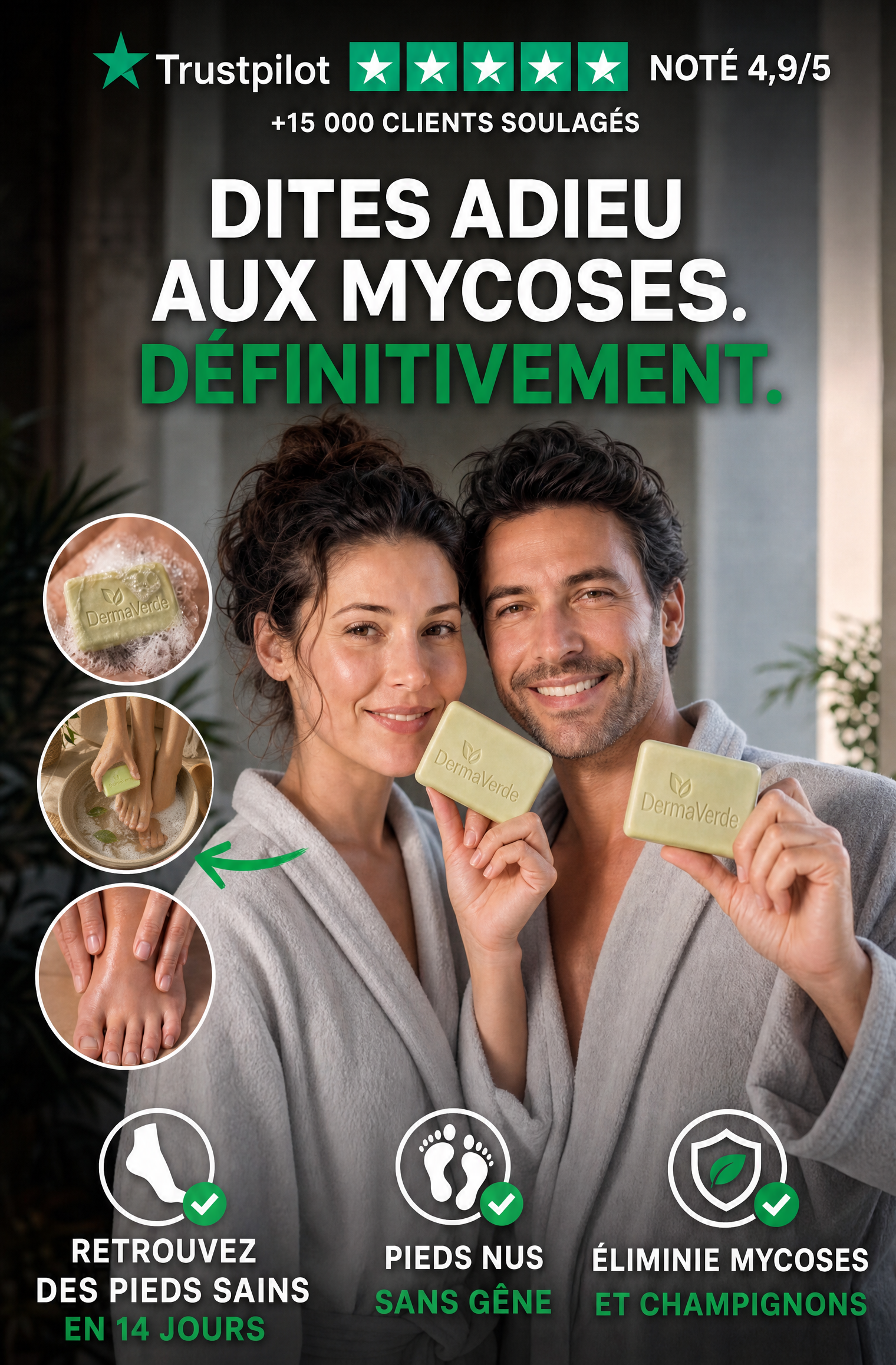 Couple souriant tenant un savon anti-mycose DermaVerde à l'arbre à thé, noté 4,9/5 sur Trustpilot par plus de 15 000 clients soulagés — élimine mycoses et champignons des pieds en 14 jours.