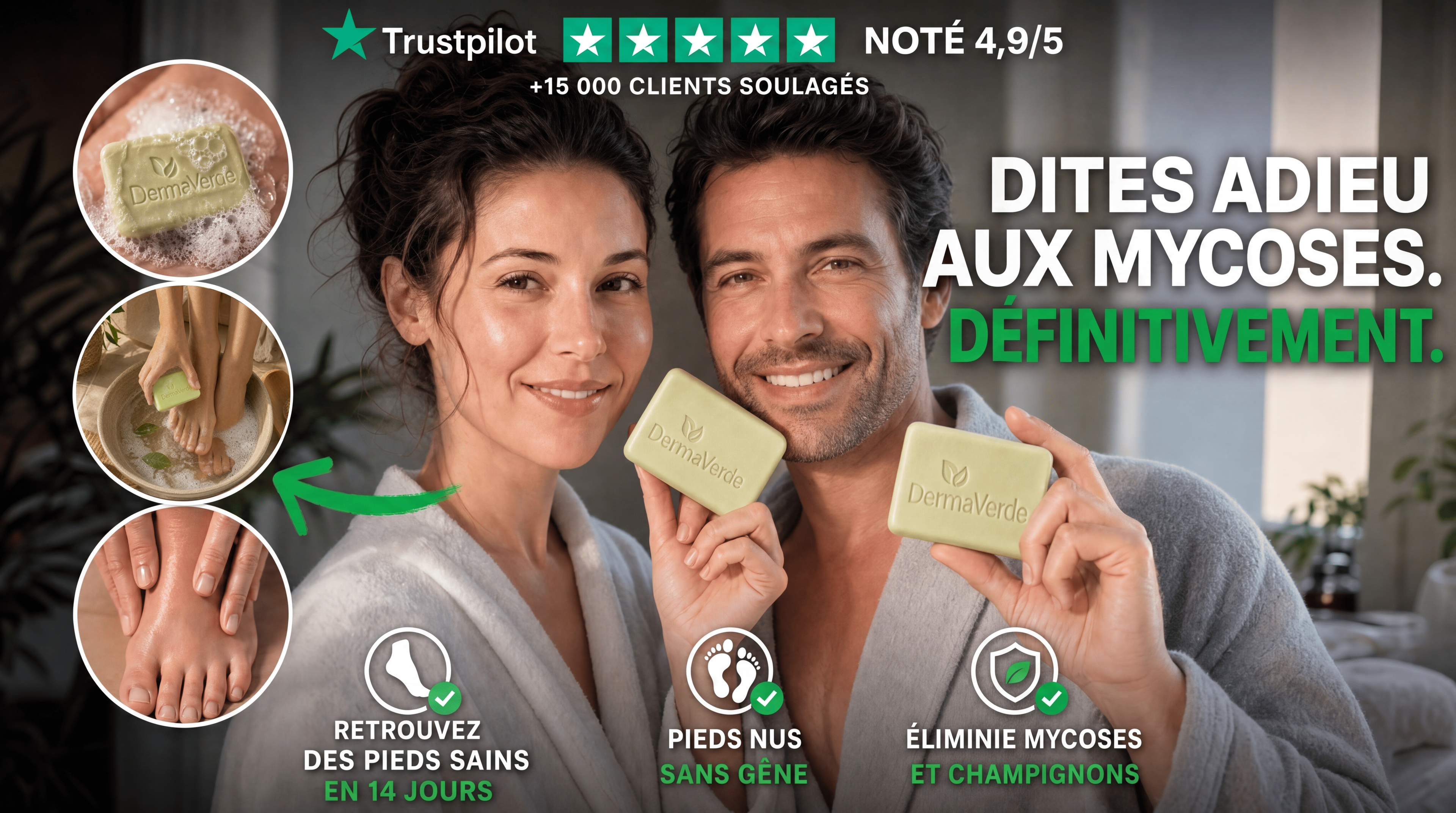 Couple souriant tenant un savon anti-mycose DermaVerde à l'arbre à thé, noté 4,9/5 sur Trustpilot par plus de 15 000 clients soulagés — élimine mycoses et champignons des pieds en 14 jours.