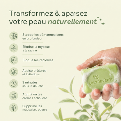 Bénéfices du savon DermaVerde à l'arbre à thé : élimine la mycose, stoppe les démangeaisons, bloque les récidives, apaise les irritations et supprime les mauvaises odeurs en 3 minutes sous la douche.