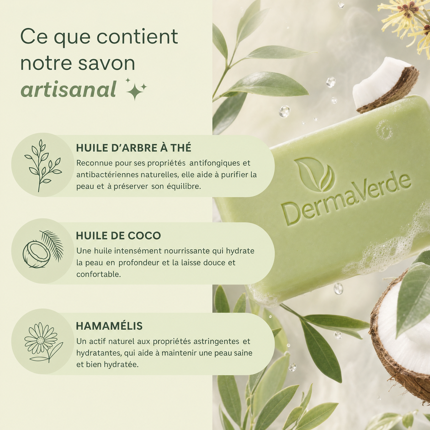 Composition du savon artisanal DermaVerde à base d'huile d'arbre à thé antifongique, huile de coco nourrissante et hamamélis hydratant — ingrédients naturels pour pieds sains.