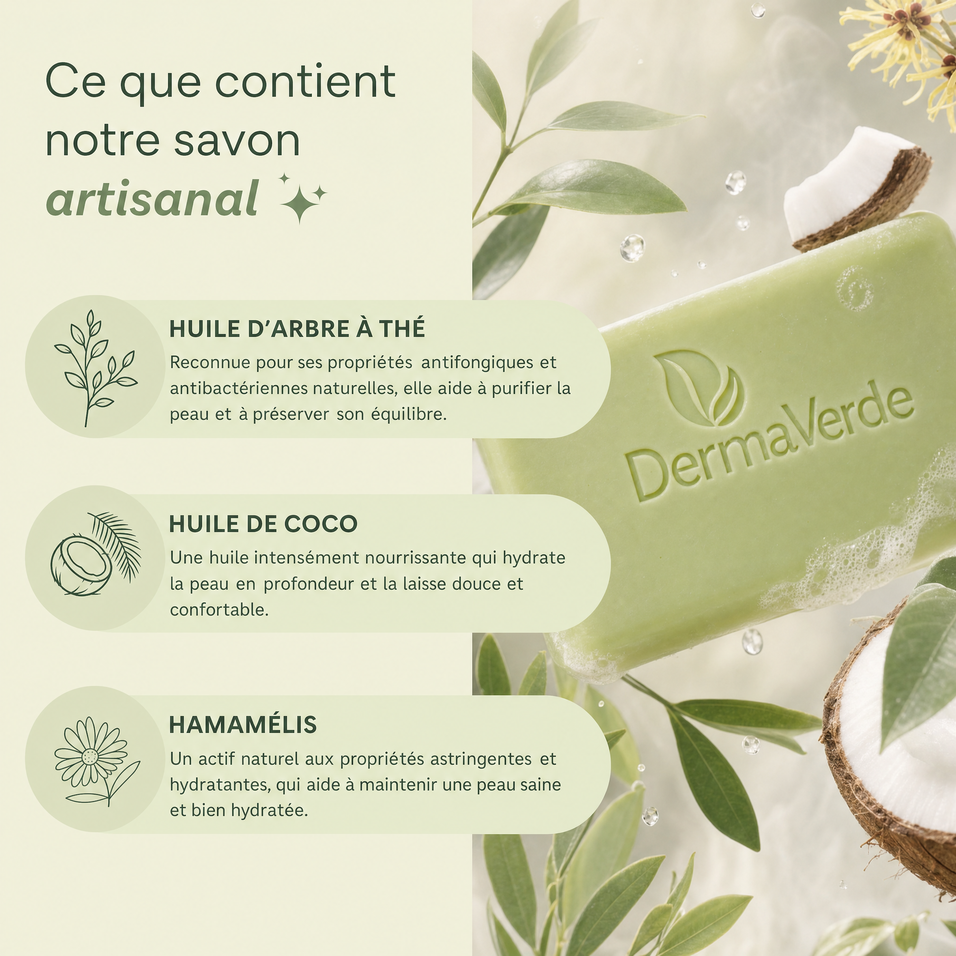 Composition du savon artisanal DermaVerde à base d'huile d'arbre à thé antifongique, huile de coco nourrissante et hamamélis hydratant — ingrédients naturels pour pieds sains.